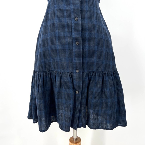 CREATURES OF COMFORT Dress Womens 0 Blue Plaid Linen Button Front Tie Shoulder - Picture 7 of 16
